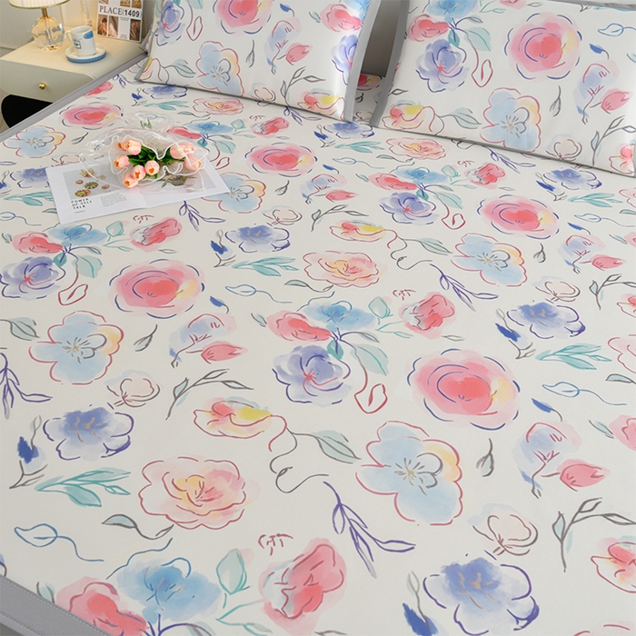 91家纺网 家纺一手货源 找家纺 简一 2025新款A类碳光印花数码冰丝凉席系列-床笠款 玫瑰花园