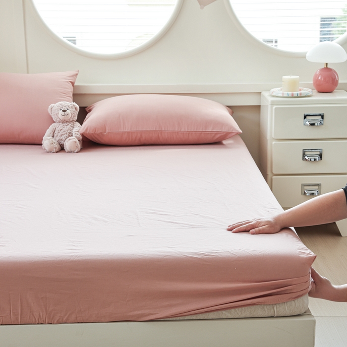 91家纺网 家纺一手货源 找家纺 2025新款全棉A类简约素色水洗棉纯棉单床笠 豆沙