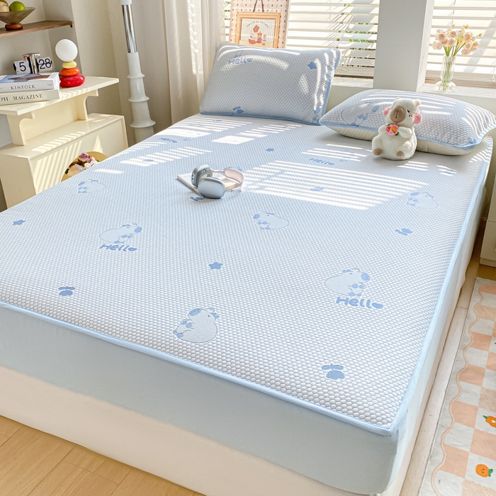 91家纺网 家纺一手货源 找家纺 春寻家纺 2025新款冰豆豆冰丝凉席-卡皮巴拉系列 床笠款-卡皮巴拉-蓝