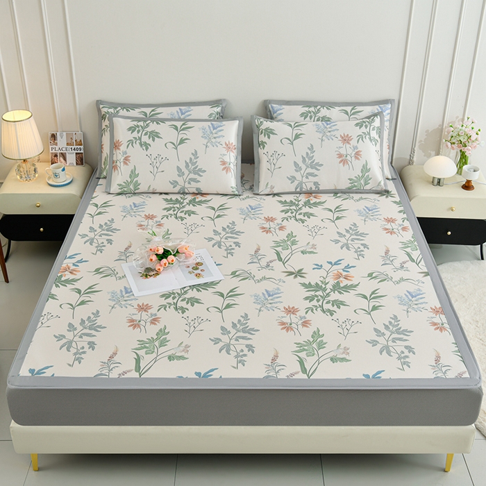 91家纺网 家纺一手货源 找家纺 简一 2025新款A类碳光印花数码冰丝凉席系列-床笠款 花间细雨