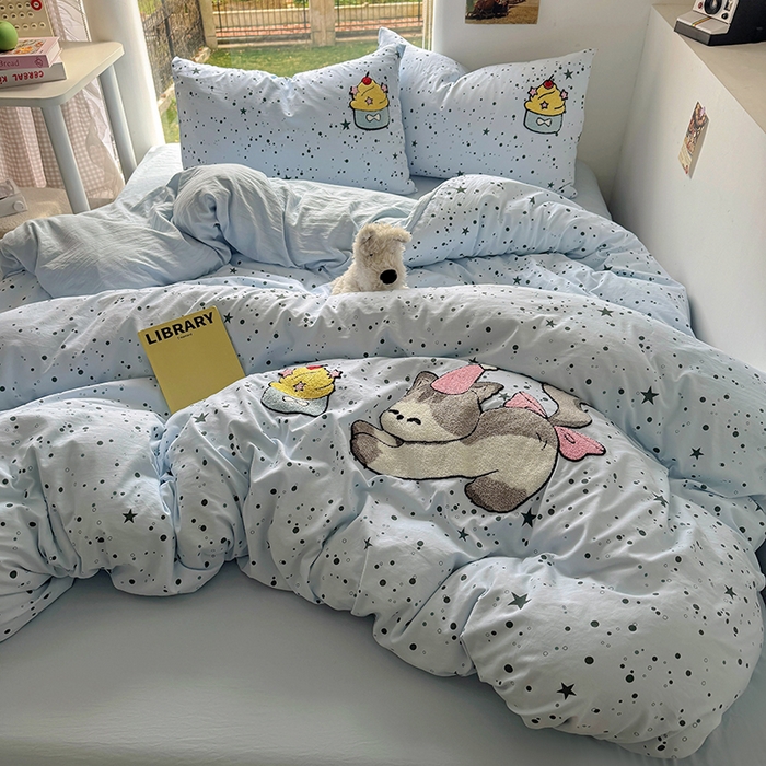 91家纺网 家纺一手货源 找家纺 耀达家居 2025新款A类水洗棉毛巾绣四件套 星空奶油猫