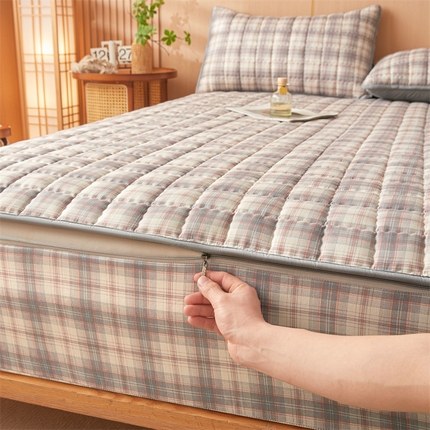 苏拉家居 2025新款无印风拉链式可拆6面全包夹棉绗缝床笠 可可奈-粉灰 - 一面夹棉