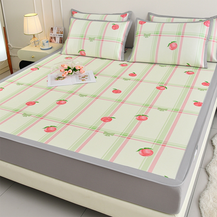 91家纺网 家纺一手货源 找家纺 简一 2025新款A类碳光印花数码冰丝凉席系列-床笠款 水蜜桃-绿