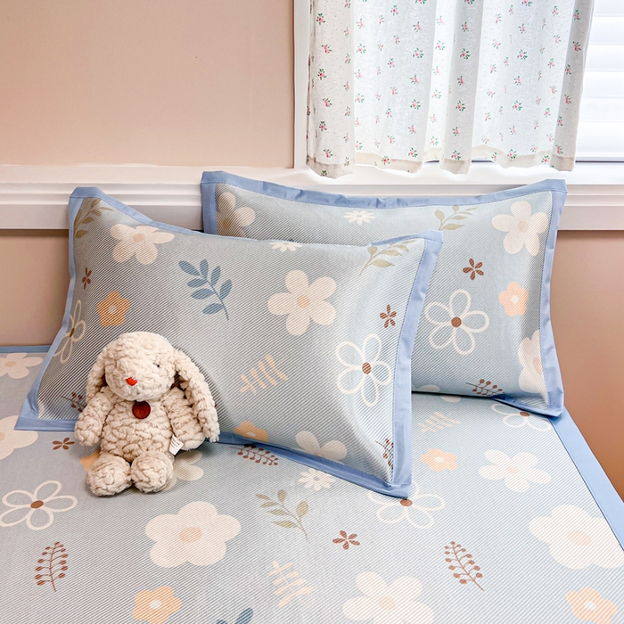 91家纺网 家纺一手货源 找家纺 慕尚家纺 2025新款数码印花床席床笠款冰藤席 床席款-花朵蓝