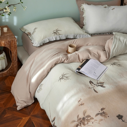 安莱生活 2025新款全棉精梳棉双层纱绉纱数码印花四件套 烟雨江南-咖