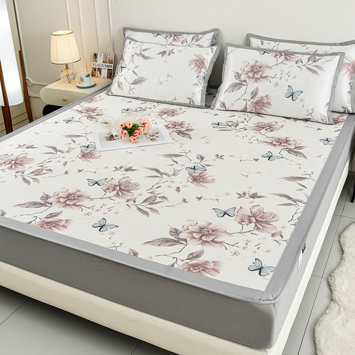 91家纺网 家纺一手货源 找家纺 简一 2025新款A类碳光印花数码冰丝凉席系列-床笠款 蝴蝶花谷