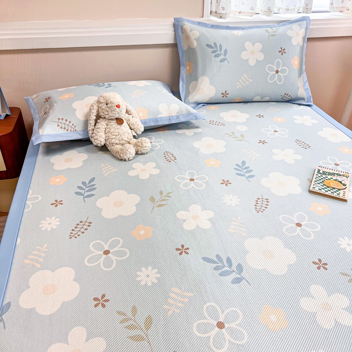 91家纺网 家纺一手货源 找家纺 慕尚家纺 2025新款数码印花床席床笠款冰藤席 床席款-花朵蓝