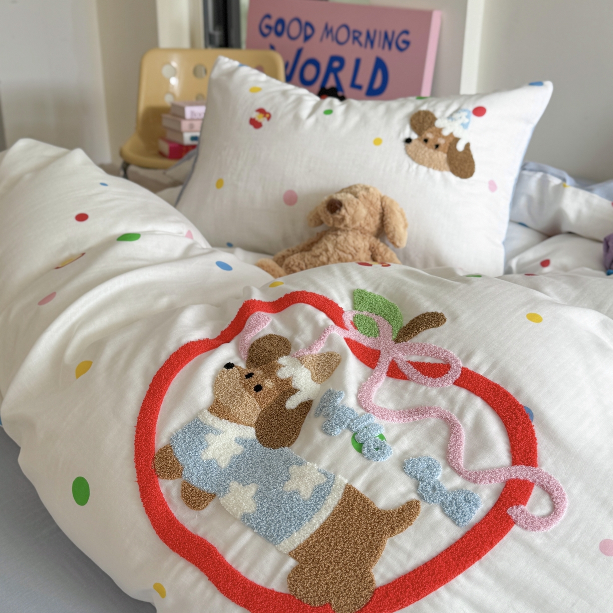 91家纺网 家纺一手货源 找家纺 柚子 2025春夏新款全棉纯棉双层纱毛巾绣四件套 苹果狗