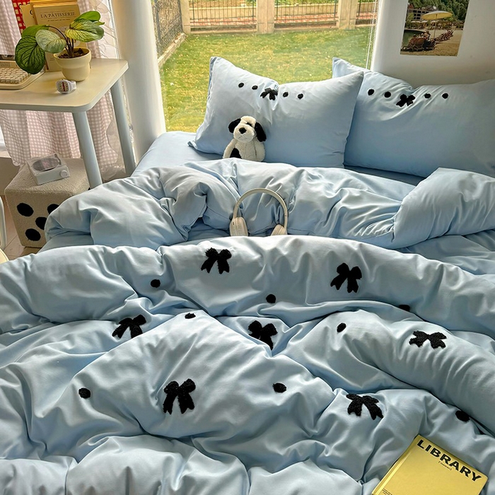 91家纺网 家纺一手货源 找家纺 耀达家居 2025新款A类水洗棉毛巾绣四件套 蝴蝶结-蓝