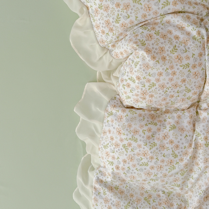 91家纺网 家纺一手货源 找家纺 苏拉家居 2025新款雪纺花边云感提花针织双层纱四件套 繁花