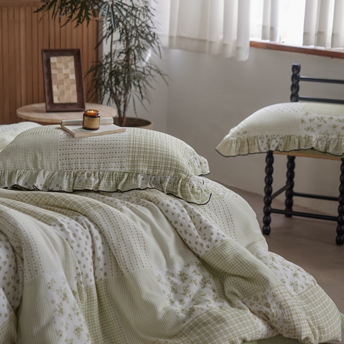 91家纺网 家纺一手货源 找家纺 安莱生活 2025新款全棉精梳棉双层纱绉纱数码印花四件套 百家布-绿