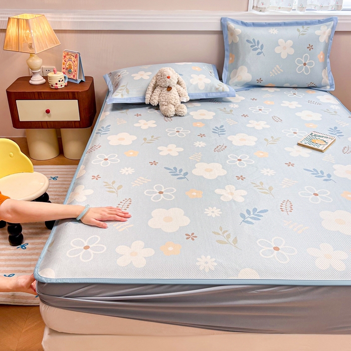 91家纺网 家纺一手货源 找家纺 慕尚家纺 2025新款数码印花床席床笠款冰藤席 床笠款-花朵蓝