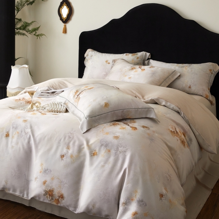 91家纺网 家纺一手货源 找家纺 金奇达家纺 2025新款竹玉清丝四件套-雅韵【标准号全网控价（折后券后）不低于元228元】 浅调暖情-杏色