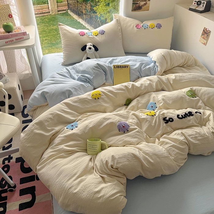 91家纺网 家纺一手货源 找家纺 耀达家居 2025新款A类水洗棉毛巾绣四件套 奇趣豆-燕麦