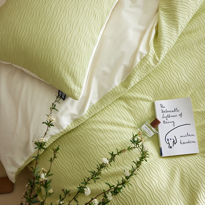 91家纺网 家纺一手货源 找家纺 风向标家纺 2025新款全棉波纹纱提花原木风四件套 波纹纱-心漾绿