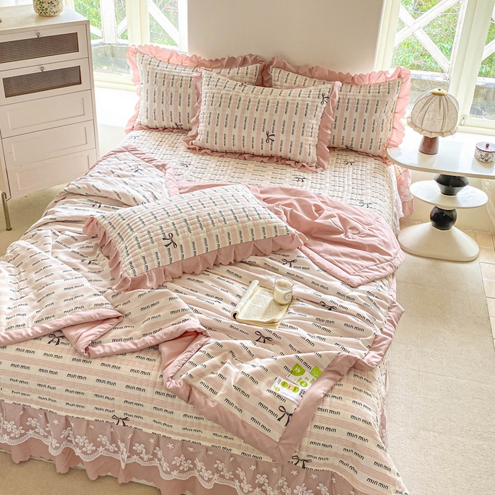 91家纺网 家纺一手货源 找家纺 2025新款直播热款A类针织棉双层纱床盖款夏被四件套 min-粉