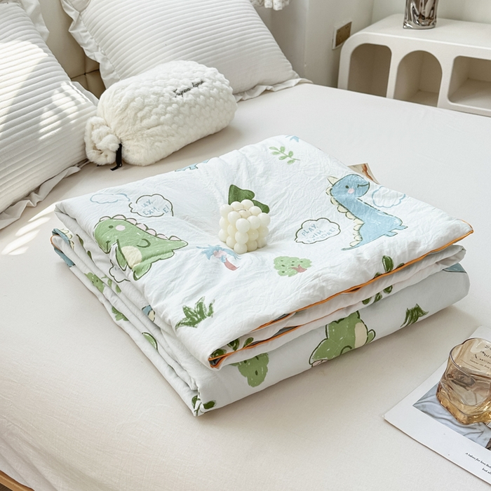 91家纺网 家纺一手货源 找家纺 富艺隆 2025新款A类水洗棉双层纱夏被水洗棉麻空调被直播爆款大豆夏被 恐龙星球