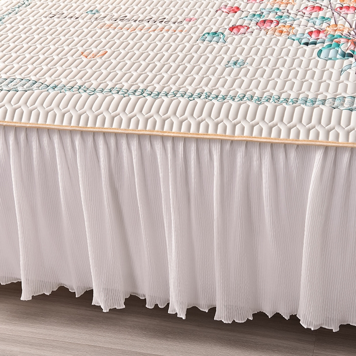 91家纺网 家纺一手货源 找家纺 炫拼家纺 2025新款凉感丝印花床裙款乳胶凉席三件套 蓝铃花