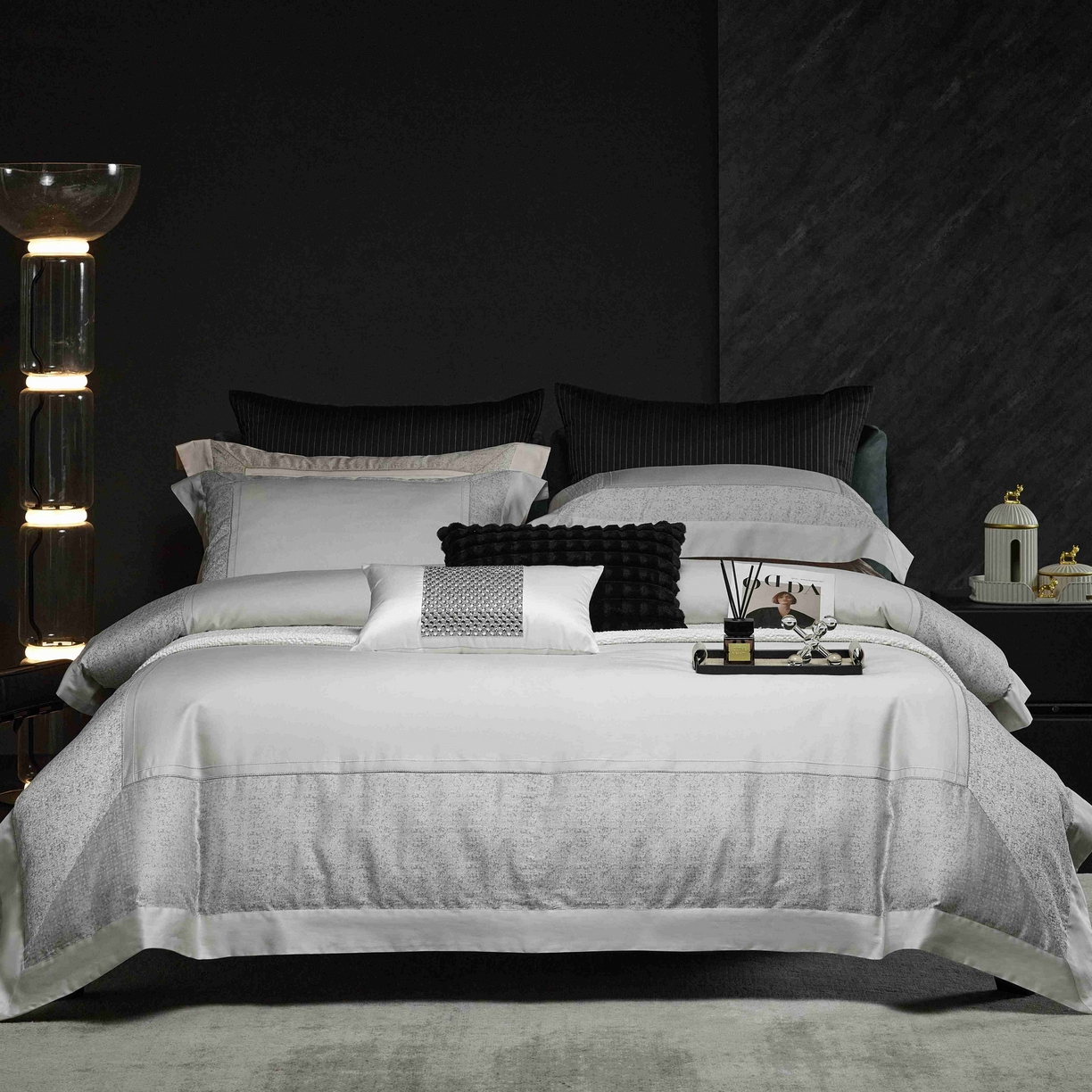 91家纺网 家纺一手货源 找家纺 榻尚家居 2025新款120支长绒棉纯棉贡缎色织提花四件套-香榭丽 香榭丽 灰