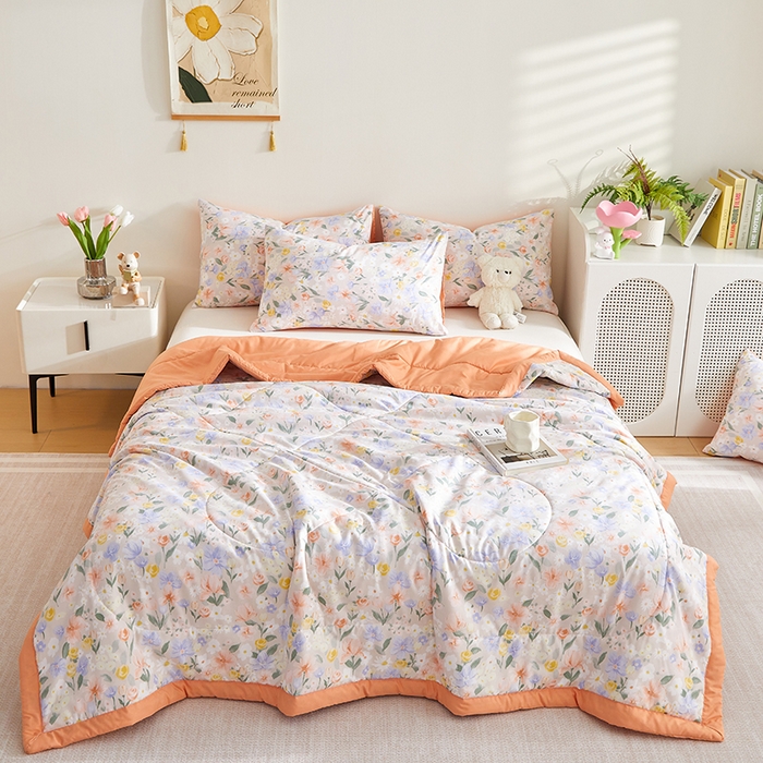 91家纺网 家纺一手货源 找家纺 海洋家纺 2025款水洗棉纯棉花夏凉被全棉花印花夏被空调被薄被子 沁香园桔