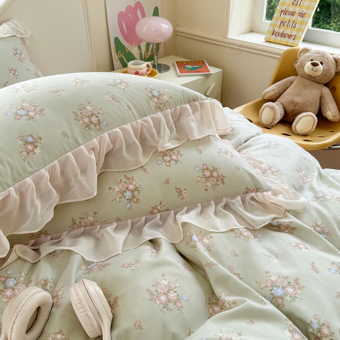 91家纺网 家纺一手货源 找家纺 苏拉家居 2025新款雪纺花边云感提花针织双层纱四件套 茶里茶气