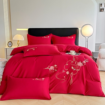 91家纺网 家纺一手货源 找家纺 帝菲妮 2025新款国潮风高克重超柔水洗棉针织棉糯小棉带质检报告刺绣四件套--花好月圆 花好月圆-红色