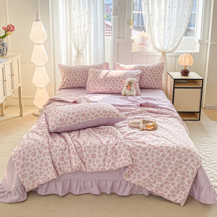 91家纺网 家纺一手货源 找家纺 2025新款针织双层纱夏被床盖四件套单夏被单床盖单品 春天里