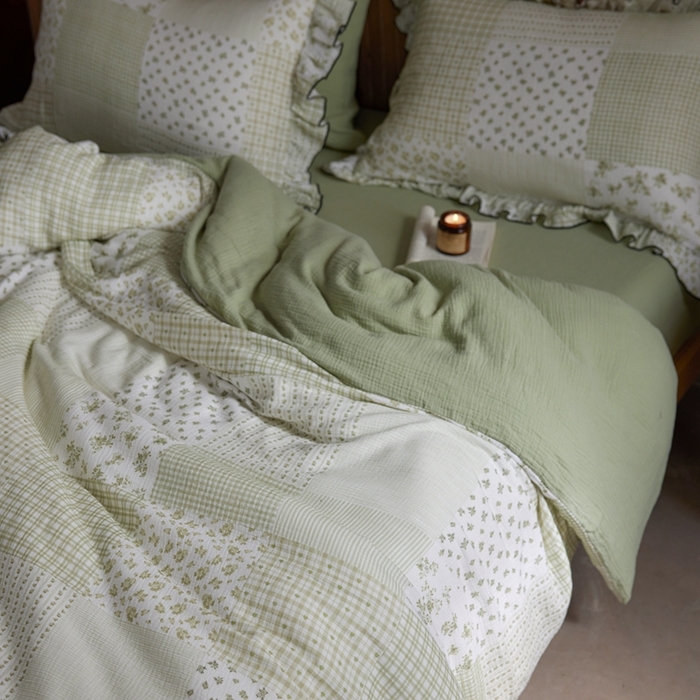 91家纺网 家纺一手货源 找家纺 安莱生活 2025新款全棉精梳棉双层纱绉纱数码印花四件套 百家布-绿