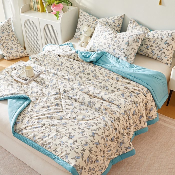 91家纺网 家纺一手货源 找家纺 海洋家纺 2025款水洗棉纯棉花夏凉被全棉花印花夏被空调被薄被子 满庭蓝