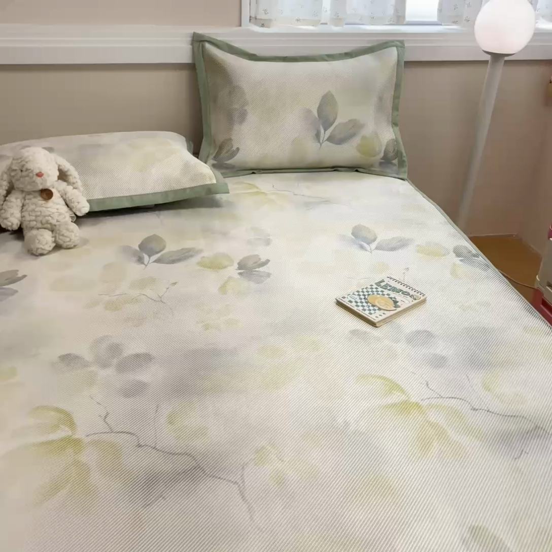 91家纺网 家纺一手货源 找家纺 慕尚家纺 2025新款数码印花床席床笠款冰藤席 床笠款-墨染