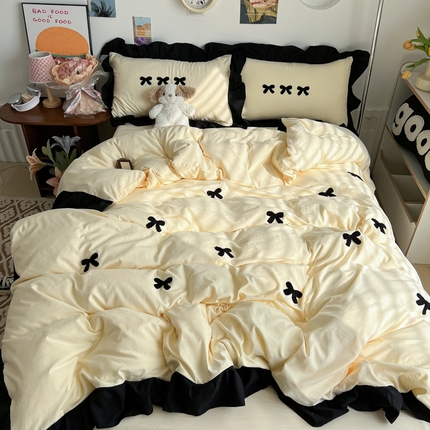 91家纺网 家纺一手货源 找家纺 （总）子钦家纺 2025新款水洗棉云朵棉韩版花边毛巾绣床单，床笠，床裙四件套-蝴蝶结系列