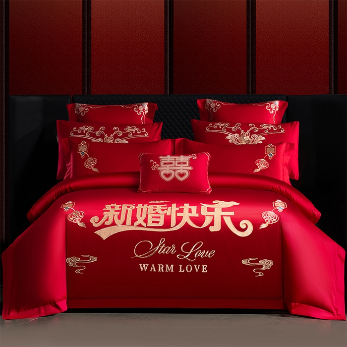 91家纺网 家纺一手货源 找家纺 博之洋婚庆 2025新款全棉长绒棉刺绣新中式婚庆系列多件套新婚快乐