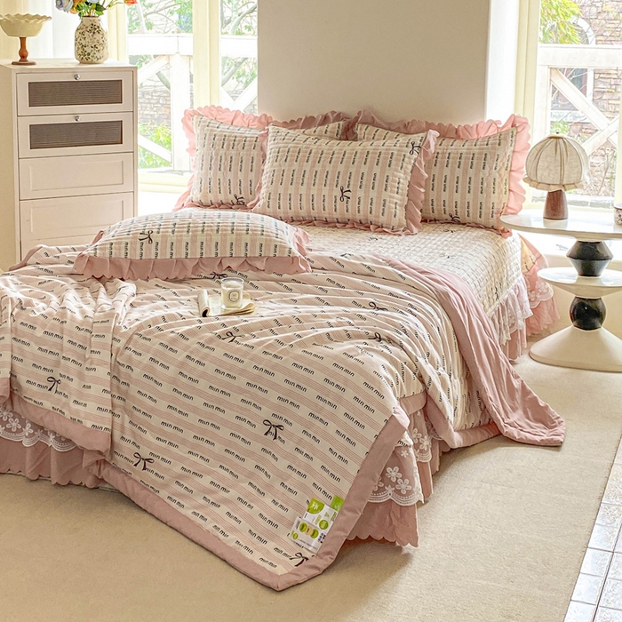 91家纺网 家纺一手货源 找家纺 2025新款直播热款A类针织棉双层纱床盖款夏被四件套 min-粉