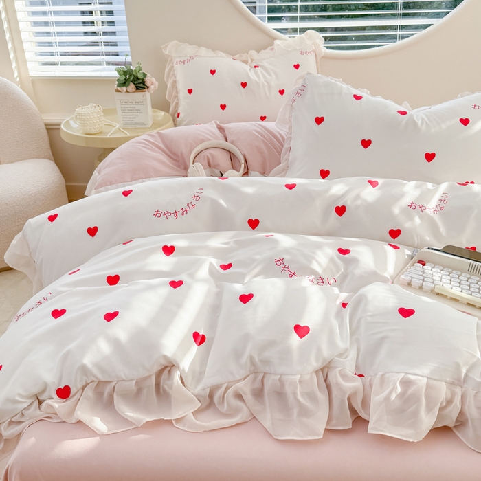 91家纺网 家纺一手货源 找家纺 苏拉家居 2025新款雪纺花边云感提花针织双层纱四件套 爱你哟