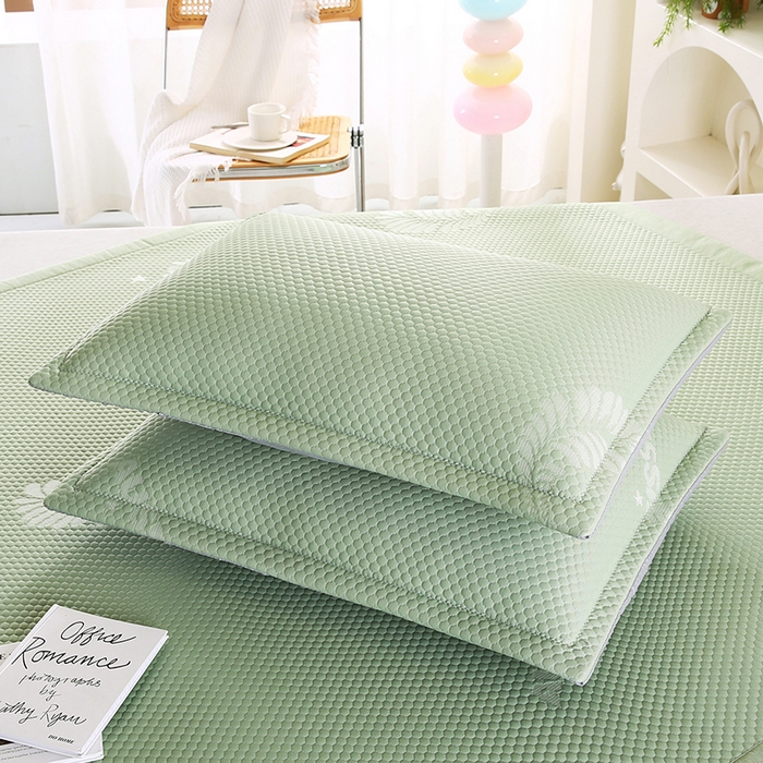 91家纺网 家纺一手货源 找家纺 尚品凤凰 2025新款小清新凉感超柔冰豆席凉席平铺款床笠款 飘羽-浅绿