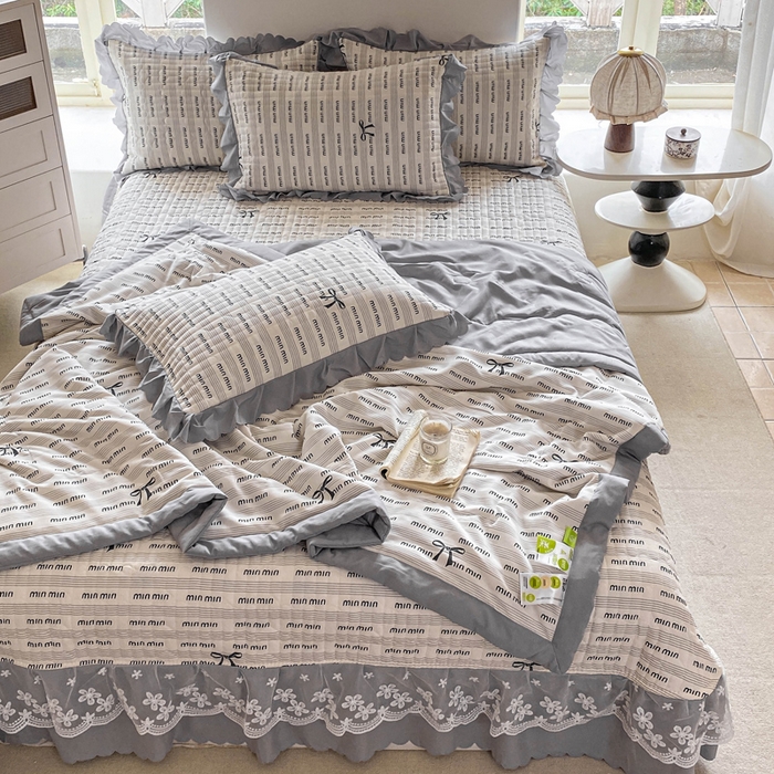 91家纺网 家纺一手货源 找家纺 2025新款直播热款A类针织棉双层纱床盖款夏被四件套 min-灰