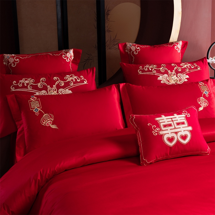 91家纺网 家纺一手货源 找家纺 博之洋婚庆 2025新款全棉长绒棉刺绣新中式婚庆系列多件套新婚快乐