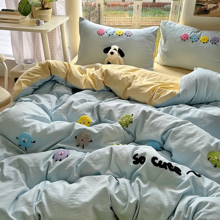 91家纺网 家纺一手货源 找家纺 耀达家居 2025新款A类水洗棉毛巾绣四件套 奇趣豆-海盐