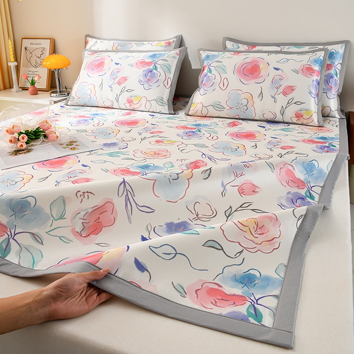 91家纺网 家纺一手货源 找家纺 简一 2025新款A类碳光印花数码冰丝凉席系列-床单款 玫瑰乐园