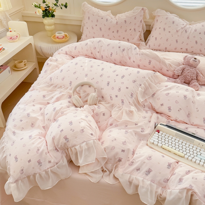 91家纺网 家纺一手货源 找家纺 苏拉家居 2025新款雪纺花边云感提花针织双层纱四件套 宠你