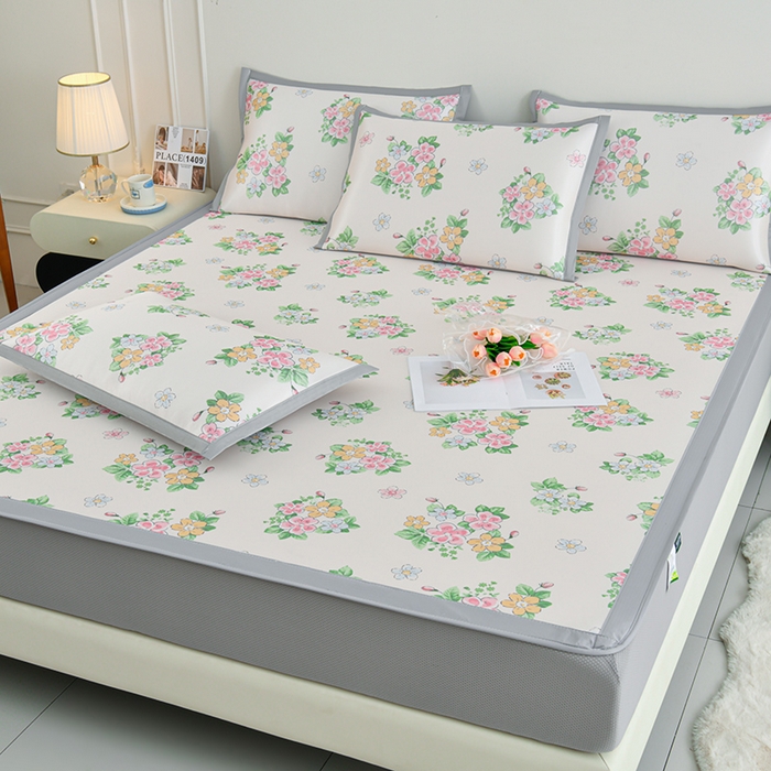 91家纺网 家纺一手货源 找家纺 简一 2025新款A类碳光印花数码冰丝凉席系列-床笠款 满园春色