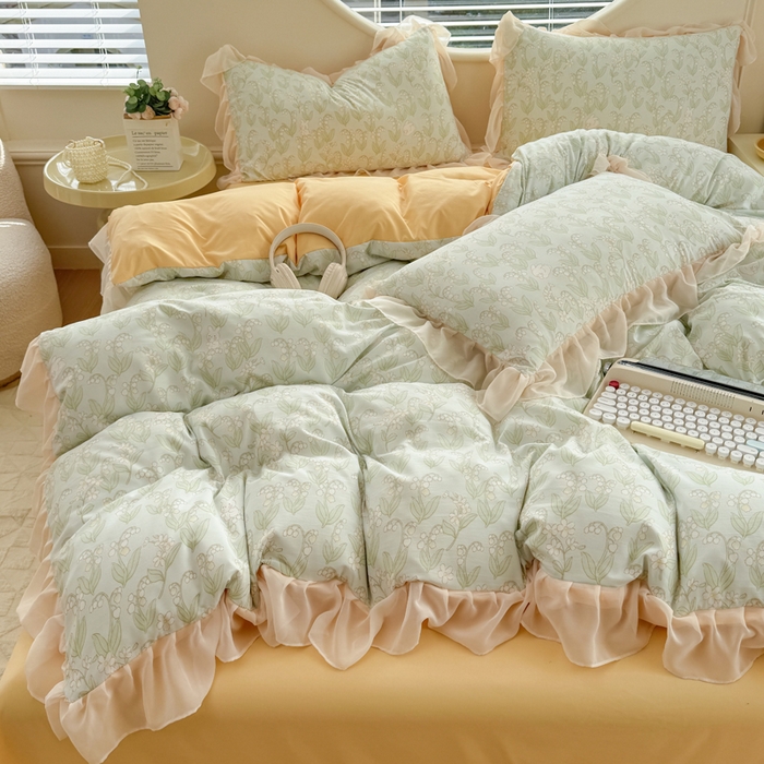 91家纺网 家纺一手货源 找家纺 苏拉家居 2025新款雪纺花边云感提花针织双层纱四件套 风铃草