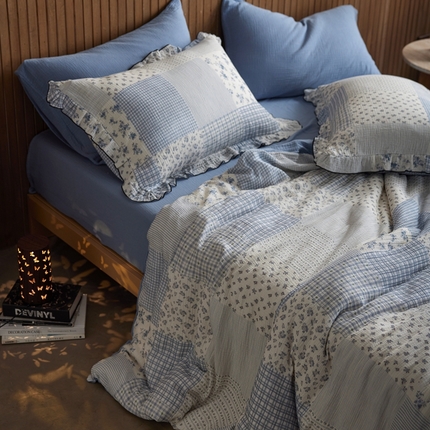安莱生活 2025新款全棉精梳棉双层纱绉纱数码印花夏凉被 百家布-蓝  夏被