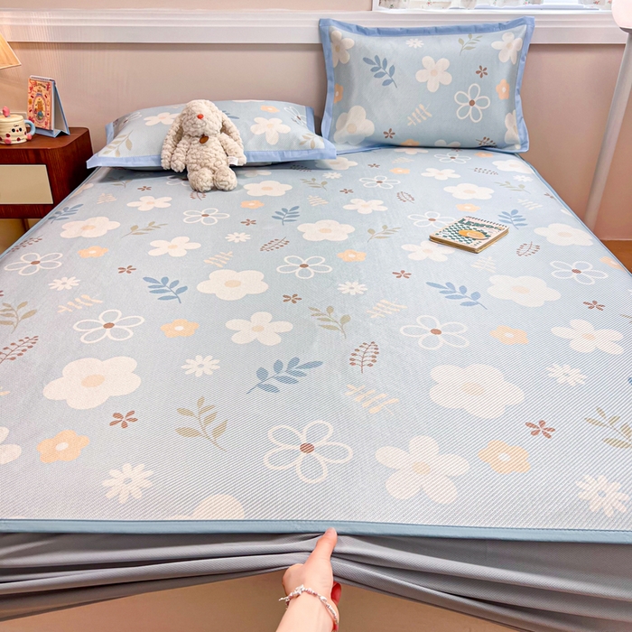 91家纺网 家纺一手货源 找家纺 慕尚家纺 2025新款数码印花床席床笠款冰藤席 床笠款-花朵蓝