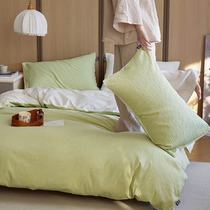 91家纺网 家纺一手货源 找家纺 风向标家纺 2025新款全棉波纹纱提花原木风四件套 波纹纱-心漾绿