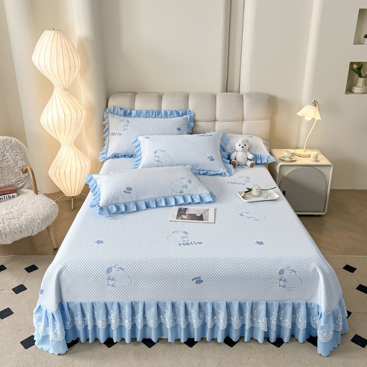 91家纺网 家纺一手货源 找家纺 2025新款A类冰豆豆提花凉席床盖 床盖款-卡皮巴拉-雾蓝