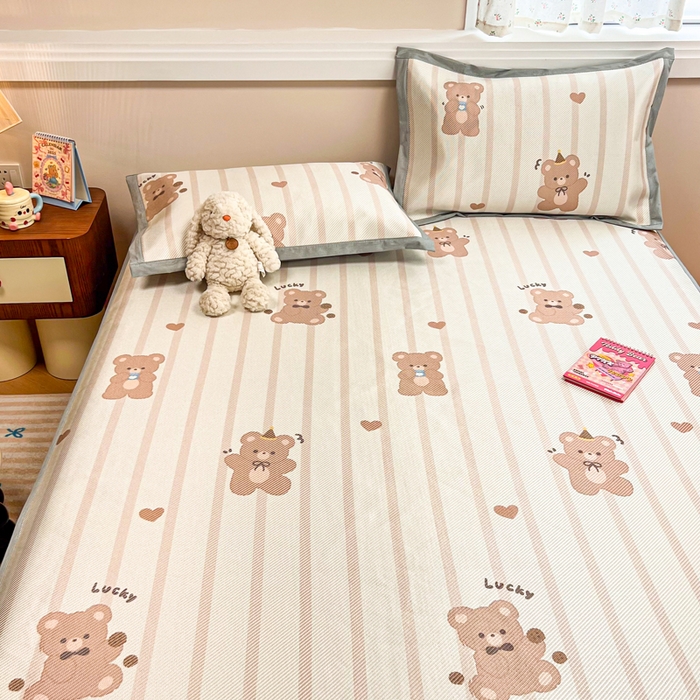 91家纺网 家纺一手货源 找家纺 慕尚家纺 2025新款数码印花床席床笠款冰藤席 床笠款-小熊物语