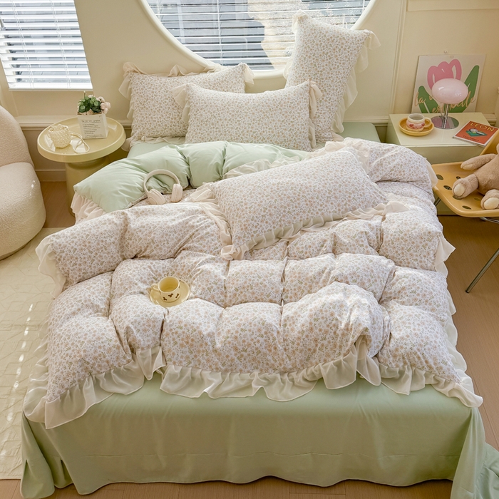 91家纺网 家纺一手货源 找家纺 苏拉家居 2025新款雪纺花边云感提花针织双层纱四件套 繁花