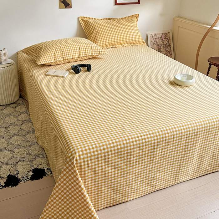 91家纺网 家纺一手货源 找家纺 久云居 2025新款亲肤舒适全棉色织防水床单 黄小格