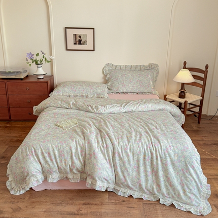 乐童家纺 2025纯棉A类双层纱双花边工艺小清新四件套 油画小兔